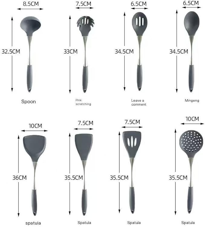 8-Piece Silicone Kitchen Utensil Set, Grey & silvery 304 Stainlss Steel, Heat Resistant Cooking Tools with Comfort Handles- Includes Spatula & Spoon for Nonstick Cookware (Grey & silvery)