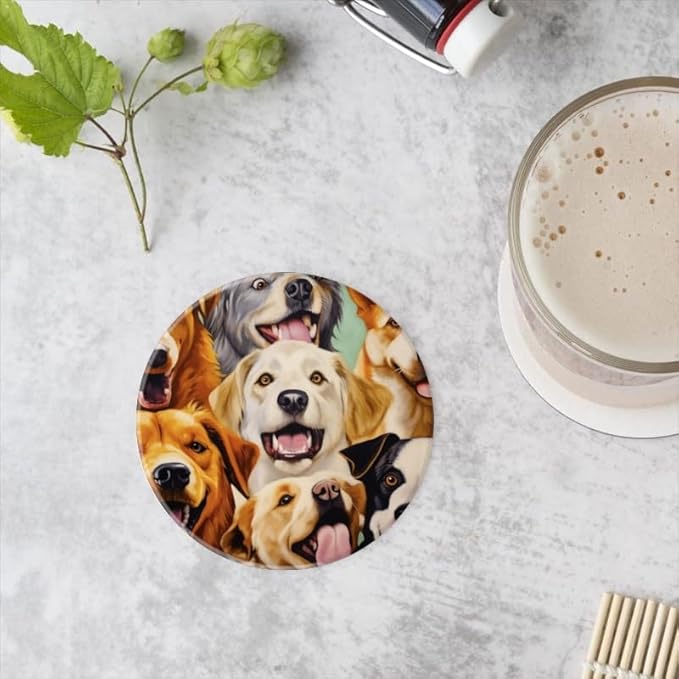 Ceramic Stone Coasters for Drinks Set of 1, Happy Dogs with Smiling Faces Round Absorbent Cup Coasters Protection for Coffee Table Kitchen Counter Decor (4 * 4 Inch)