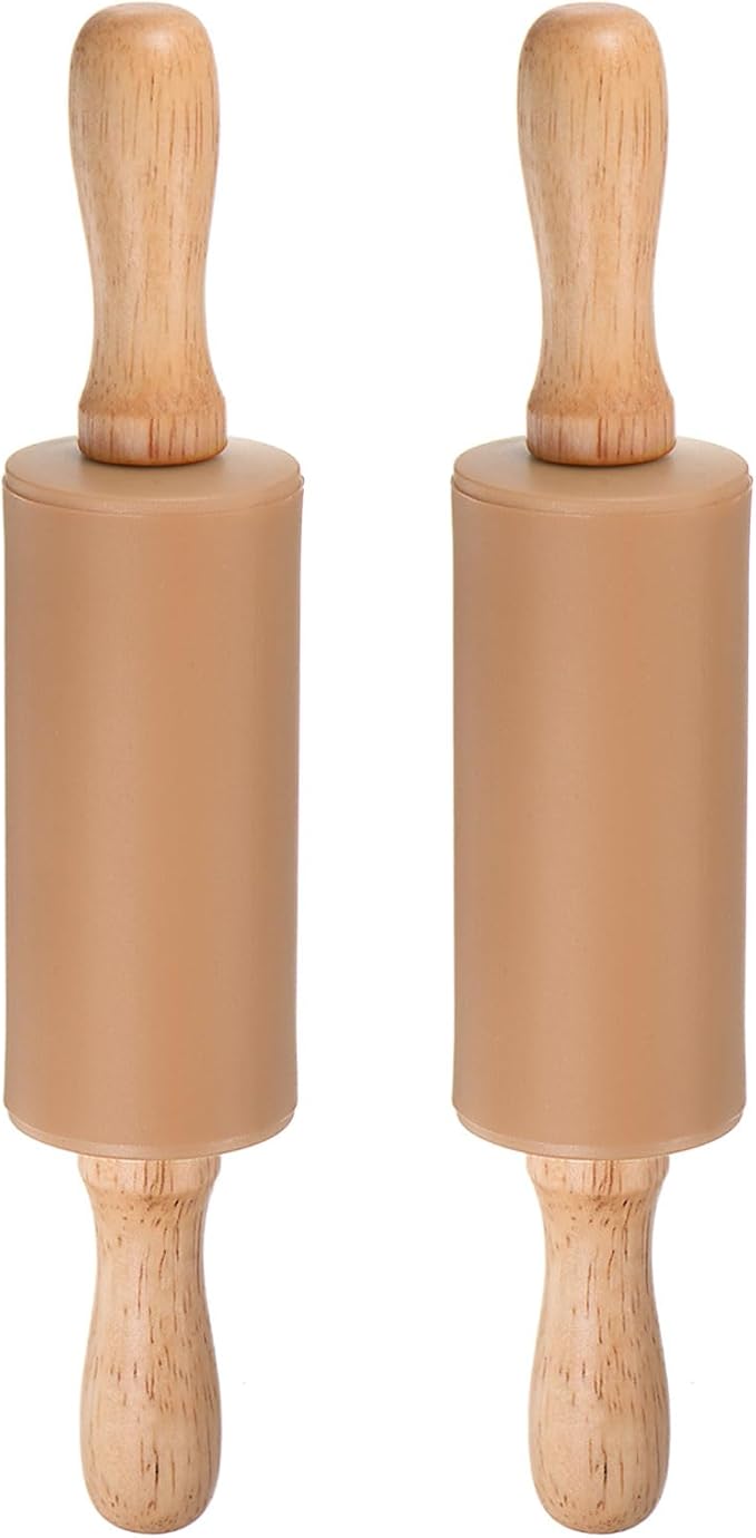 HARFINGTON 2pcs Silicone Rolling Pins for Baking 9.25 Inch Non-Stick Silicone Surface Wooden Handle Rolling Pin Small Roller Playdough Rolling Pins for Fondant Kitchen Dough Pizza, Brown