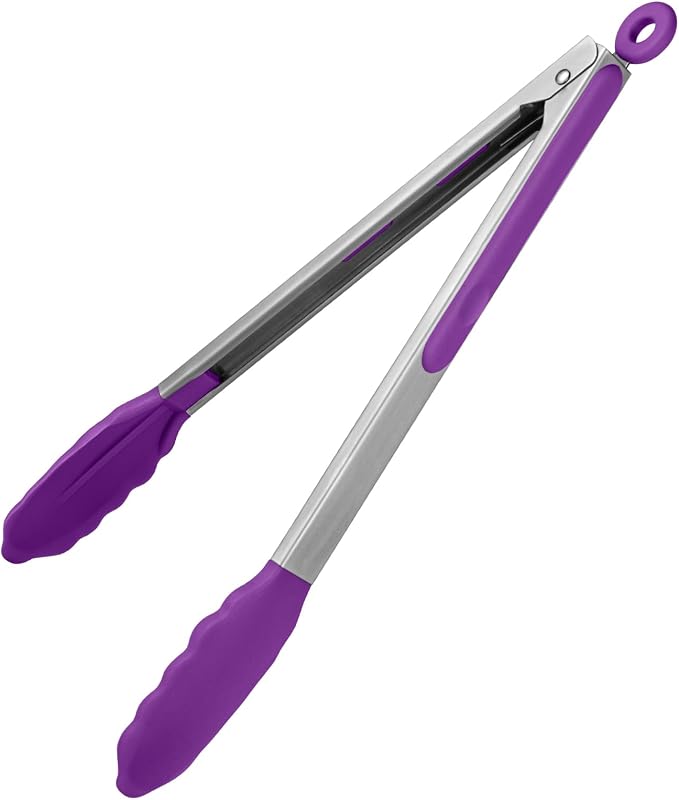 600ºF Heat Resistant Kitchen Tongs: U-Taste 12 inch Large Silicone Cooking Tong with Sturdy Non Stick Rubber Tips & Silicon Coated 18/8 Stainless Steel Handle & Smooth Locking for Serving Grill-Purple