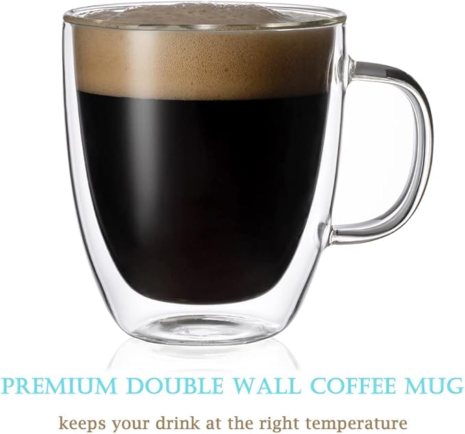 Double Wall Glass Coffee Mug - 19 Ounce (560 ml) Insulated Clear Latte Cup with Handle, Great for Espresso Cappuccino and Juice
