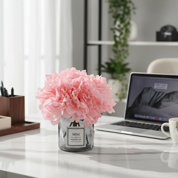 Artificial Pink Peony Flowers in Vase,Wedding Table Centerpiece Home Decor | Realistic Silk Faux Peonies with Small Glass Vase, Fake Flower Table Centerpiece for Bedroom Cafe Wedding Indoor Decoration
