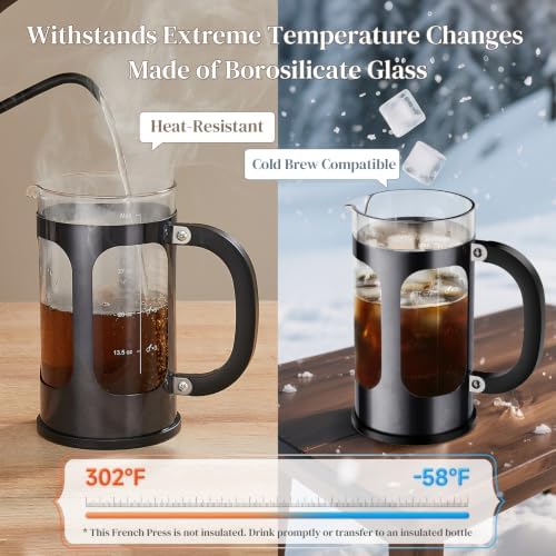 Veken French Press Coffee Maker,No Plastic Touching Cafe,34oz 1L Cafetera,Heat Resistant Thickened Borosilicate Glass Stainless Steel Pot for Kitchen,Travel,Camping,Tea, Gifts, Dark Pewter (Pack of 2)