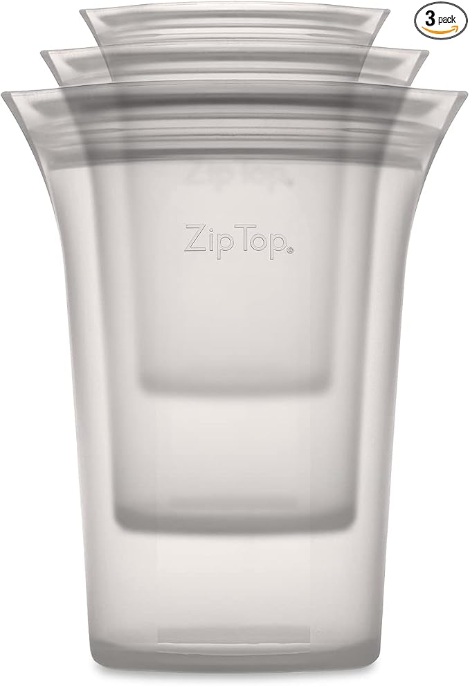 Zip Top Reusable Food Storage Bags | 3 Cup Set [Gray] | Silicone Meal Prep Container | Microwave, Dishwasher and Freezer Safe | Made in the USA
