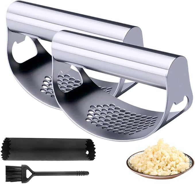 Stainless Steel Garlic Press, 2025 Upgrade Arc Shape Stainless Steel Ring Garlic Chopper, Garlic Presse Rocker Garlic Press Mincer Crusher Press, Home Heavy Duty Handle Garlic Chopper (2)
