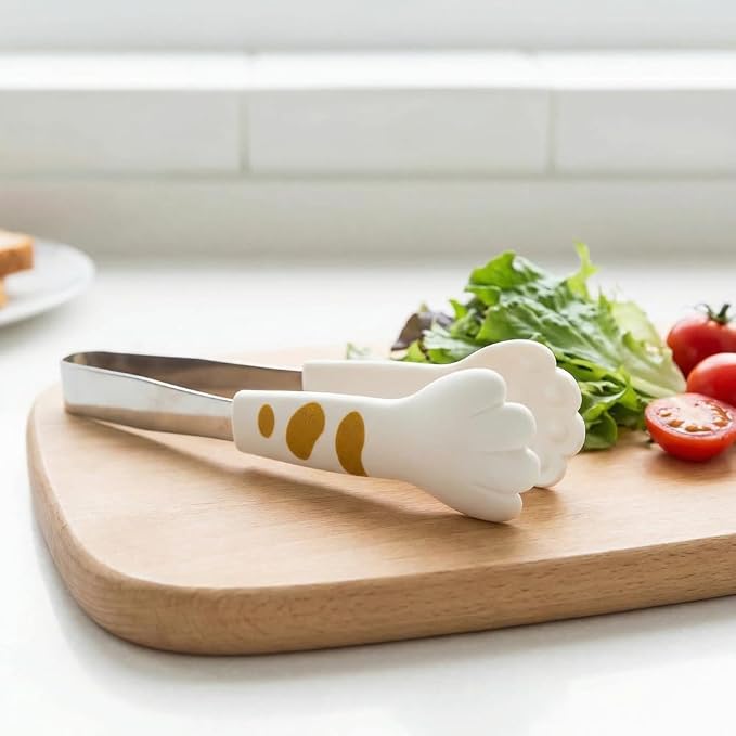 Kitchen Cooking Tongs – Cute Paw Shape Stainless Steel Salad Tongs for Cooking and Barbecue, Food Serving Utensil with Non-Slip Grip(White Small)