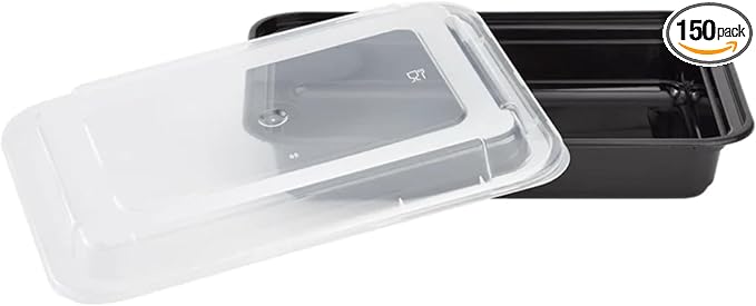 28oz Disposable Black Meal Prep/Bento Box with Clear Dome Lids | Leak Resistant Single Compartment Food Storage Boxes | BPA Free Plastic Microwave Freezer Safe | 150 Count