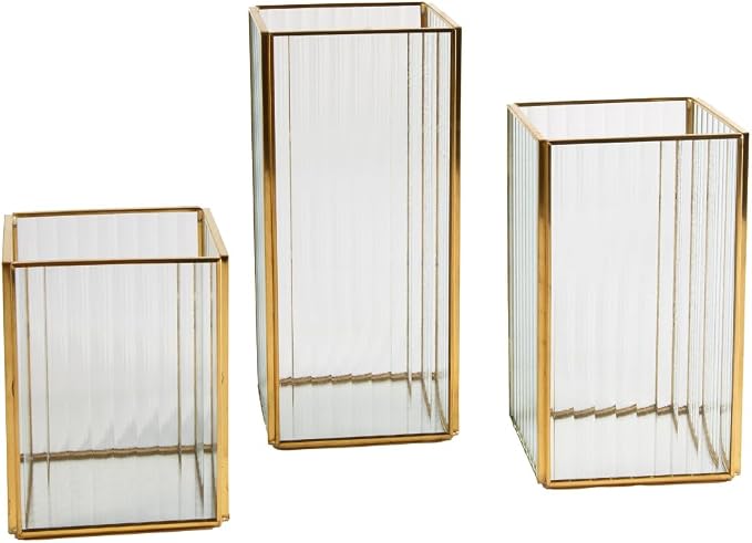 Koyal Wholesale Gold Ribbed Glass Hurricane Candle Holders, Set of 3