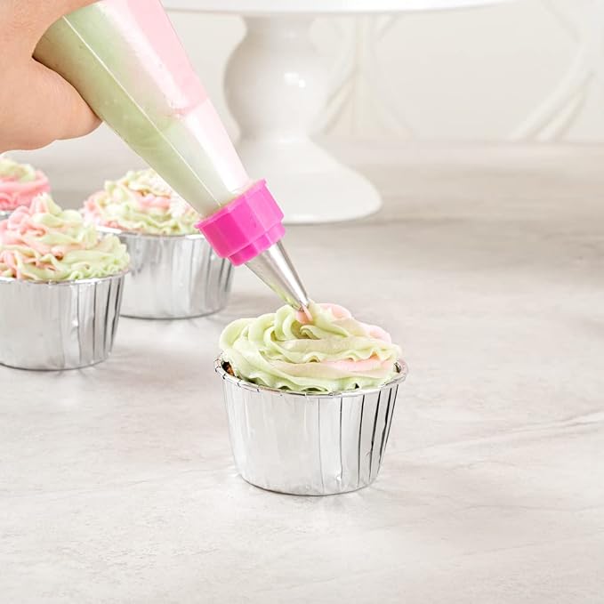Restaurantware COUPLER ONLY: Pastry Tek 1.1 x 2.4 Inch Swirl Coupler 1 Durable Tip Coupler - Dual Tone Piping Bag Sold Separately Pink & White Plastic Icing Tip Coupler For 0.7 to 1 Inch Tips