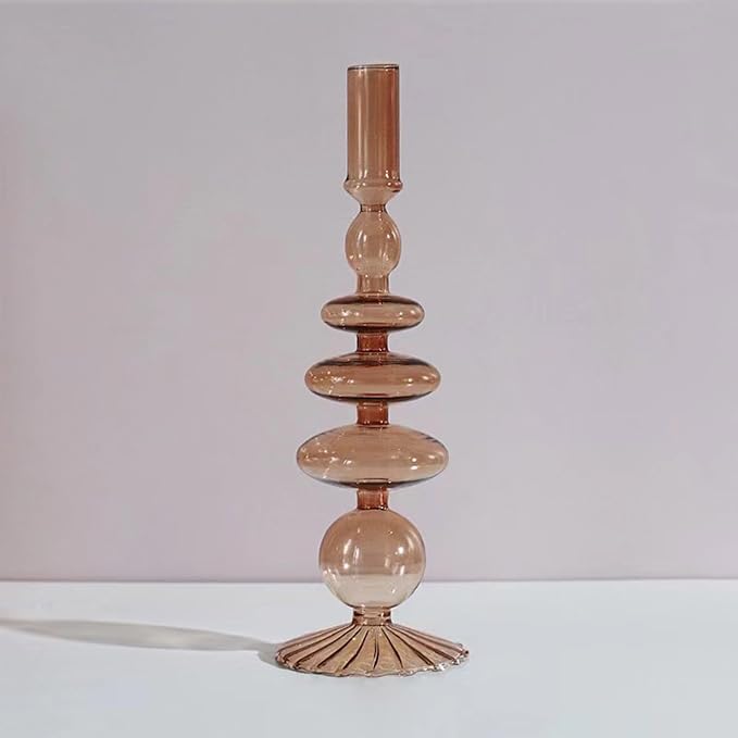 Glass Candlestick Holders Simple Creative Glass Vase Candle Holder Colorful Glass Pillar Candle Stand Candlestick Wavy Elegant Glass Candlestick for Home Centerpiece (Brown K)