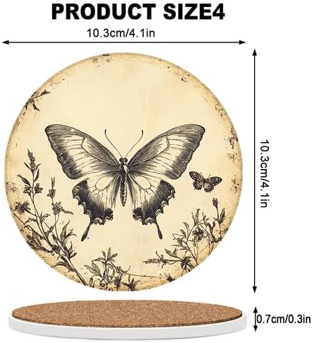 Ceramic Coasters Set of 4 Absorbent Stone Drink Coasters with Holder,Non-Slip Cork Backing,Butterfly Coasters for Coffee Table,Desk & Home Decor