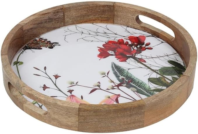 Zenith’s Decor Handmade Wooden Round Shape Tray for Serving Snacks, Appetizer Plate, Multipurpose Breakfast, Coffee Table 32 cm Diameter