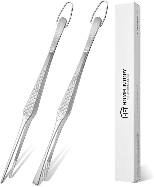 Stainless Steel Cooking Tweezers, 10-Inch Precision Kitchen Tweezers with Star Dot Texture, Wider Grip & Elevated Tips | Galaxy Grip Series, 2 Pcs (Silver)