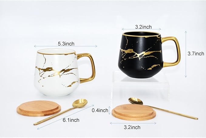 Classic Ceramic Kintsugi Style Coffee Tea Mug with Gold Inlay, Spoon and Bamboo Lid- 12 OZ, Set of 2- Large Mugs, Unique Design, Perfect Novelty Gift- Dishwasher Safe
