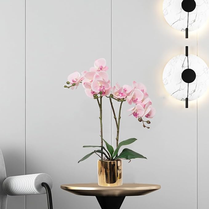 CXGS Artificial Orchid Flower Plant Real Touch Faux Orchids in Ceramic Vase Pink 19.7'' Fake Phalaenopsis Flower Arrangement Centerpiece Home Indoor Decor