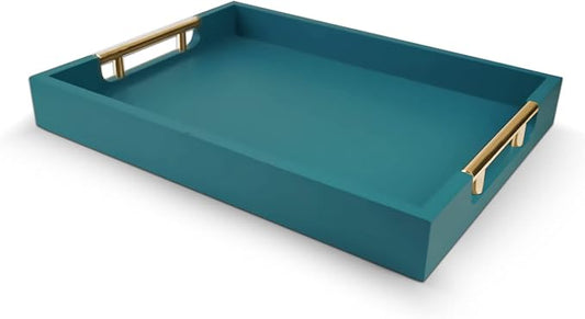 Wooden Decorative Coffee Table Tray, 16" Serving Tray with Handles, Matte Finish Decorative Tray, Ottoman Tray for Living Room, Perfume, Vanity Dresser Organizer (Teal Green)