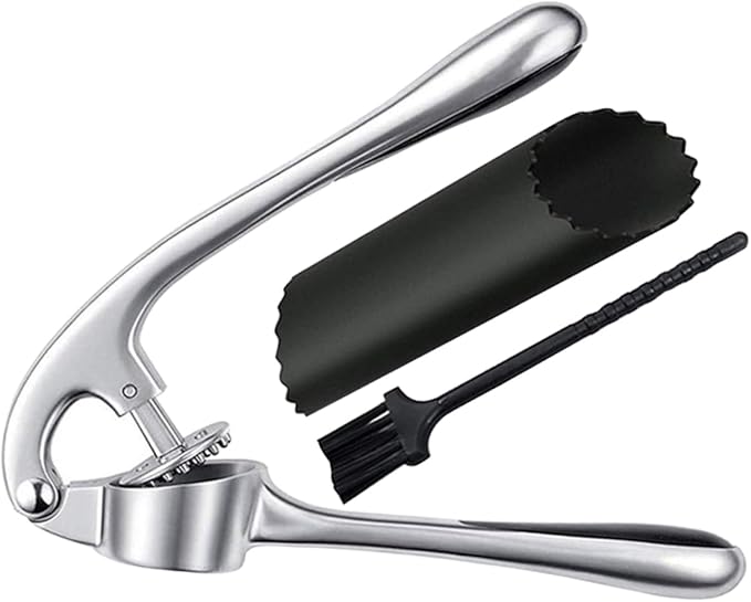 Zinc Alloy Garlic Press Set Stainless Steel Garlic Mincer Peeling Brush for Kitchen Use Easy Clean Ergonomic Design
