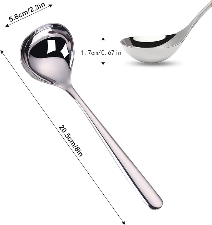 Comicfs 2 Pack Gravy Ladle, SUS 304 Stainless Steel Soup Ladle, Small Soup Ladles, Sauce Ladles, Small Serving Ladle, Solid Serving Spoon 8-Inch (Silver)