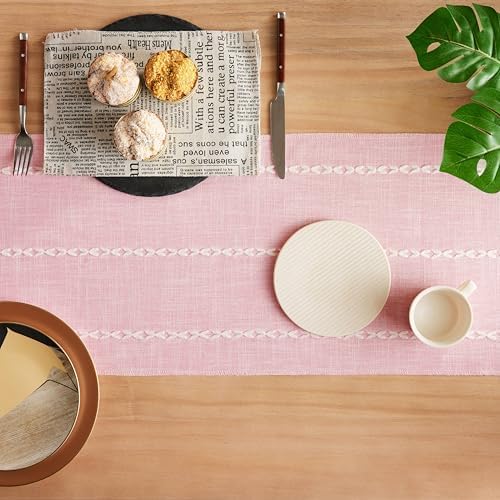 Braided Farmhouse Table Runner,Braided Pink 13x90 Inch, Cotton Linen Table Runners 90 Inches Long, Embroidered Striped Pink Boho Table Runner Rustic Home Decor