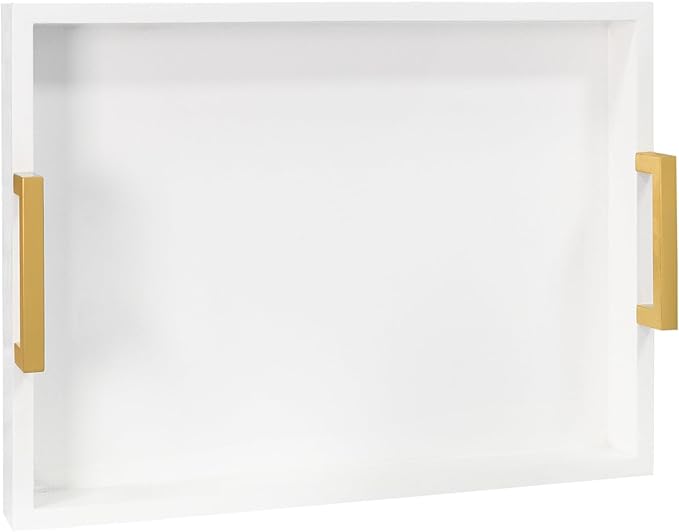 MAONAME Wood Serving Tray with Handles, White Decorative Tray for Coffee Table, Modern Rectangular Tray, Wooden Ottoman Tray, 15.8” x 11.8” x 2"