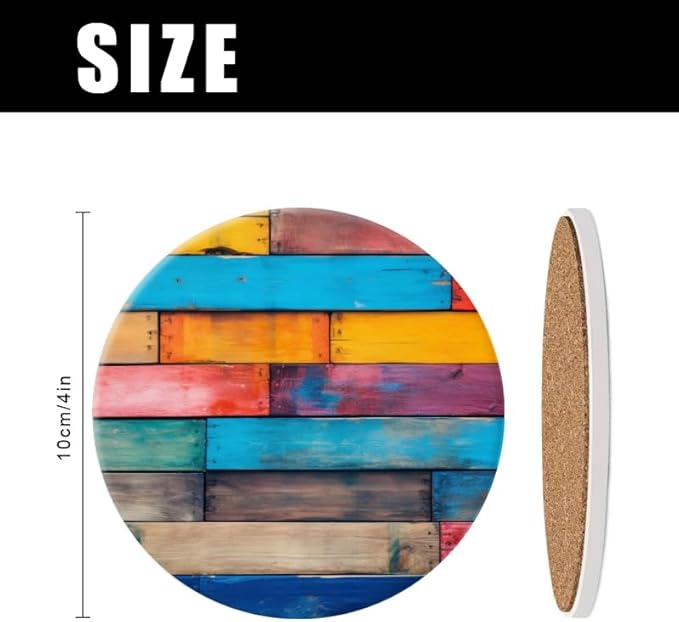Ceramic Drink Coasters Absorbent Set of 1, Colorful Wood Wall Background with Wooden Slats Round Anti Slip Modern Cup Coasters for Desk Kitchen Office Housewarming Hostess Gifts (4 * 4 Inch)