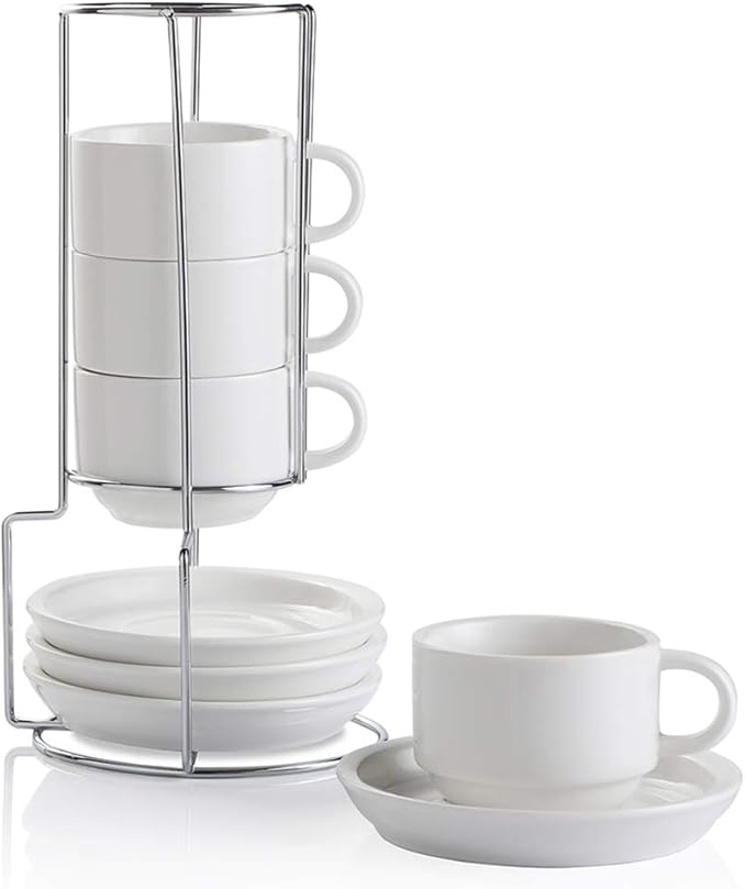 Sweejar Porcelain Espresso Cups with Saucers, 4 Ounce Stackable Cappuccino Cups with Metal Stand for Coffee Drinks, Latte, Tea - Set of 4 (White)