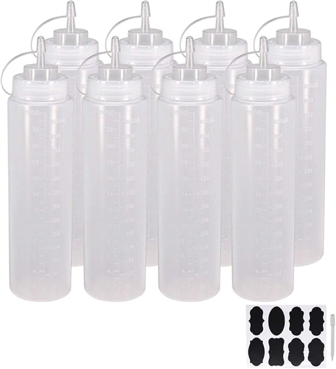 8 Pack 24 oz Plastic Squeeze Squirt Condiment Bottles with Cap Lids - Perfect for Condiments, Oil, Icing, Liquids–Set of 8 with extra 8 Chalk Labels and 1 Pen