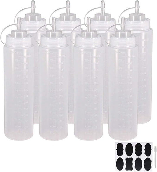 8 Pack 24 oz Plastic Squeeze Squirt Condiment Bottles with Cap Lids - Perfect for Condiments, Oil, Icing, Liquids–Set of 8 with extra 8 Chalk Labels and 1 Pen