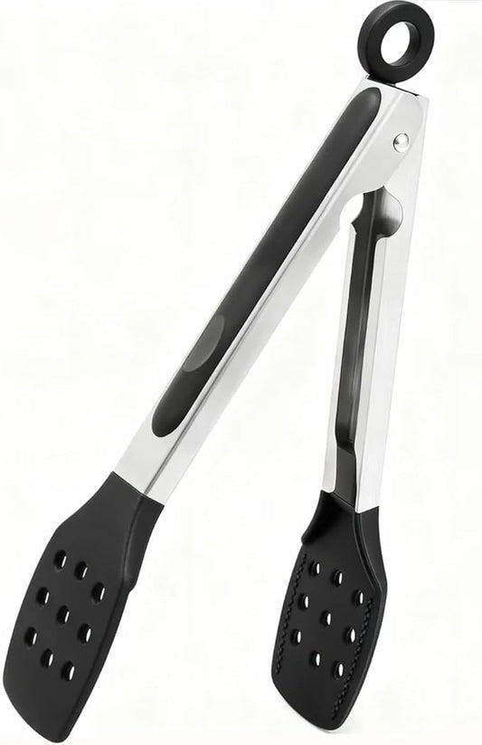9 Inch Kitchen Tongs, Cooking Tongs with Dotted Silicone Tips and Stainless Steel Handle, Non Stick Heat Resistant Tongs for Cooking, Buffet, Salad Serving (9", Black)