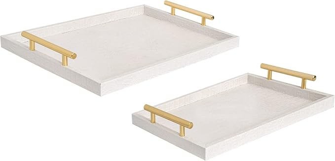 Set of 2 Modern Elegant Large Wood Serving Tray, Rectangle Decorative Tray Ottoman Tay Coffee Table Tray, Pearl White Crocodile Leather with Gold Polished Metal Handles