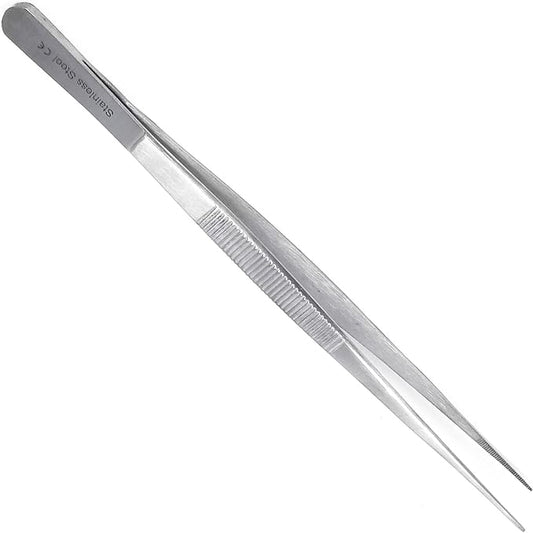 Professional Culinary Stainless Steel Precision Tongs with Serrated Tips, Plating/Food Presentation Detailing Serving Tongs, Chef's Kitchen Tweezer Tongs - Ultra Non-Slip Grip (10" STR Slim)