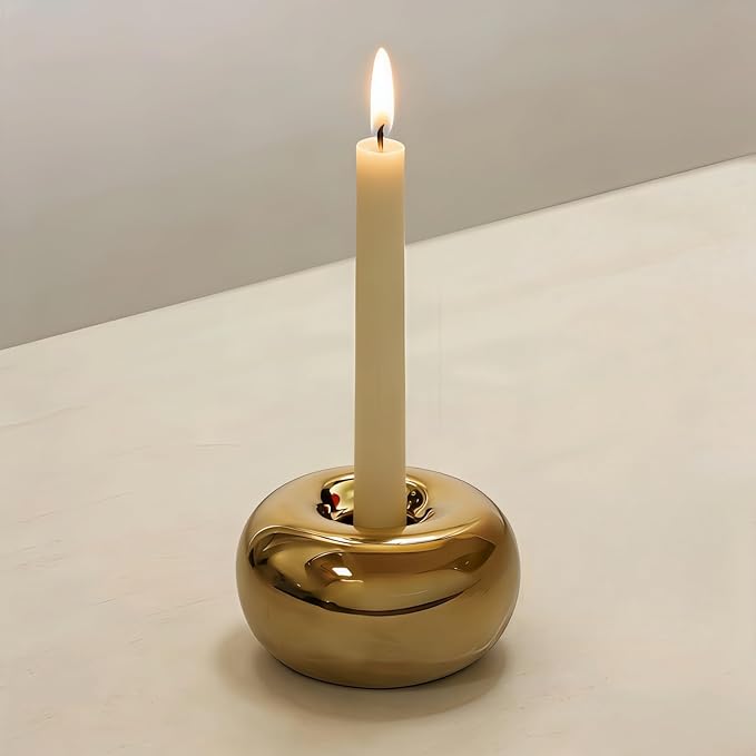 Modern Gold Ceramic Candlestick Holder - Single Taper Candle Holder for Table Centerpiece & Fireplace Decor - Minimalist Candle Stick Holder for Living Room, Bedroom & Gold Home Decor
