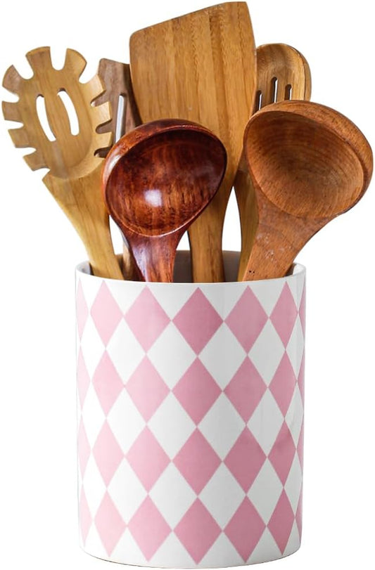 Kitchen Utensil Holder, 6.3 Inch Checkered Large Ceramic Cooking Utensil Holder Modern Utensil Crocks for Kitchen Counter-Farmhouse, Housewarming Gift, Decor and Accessories (Diamond Pink, 6.3 Inch)