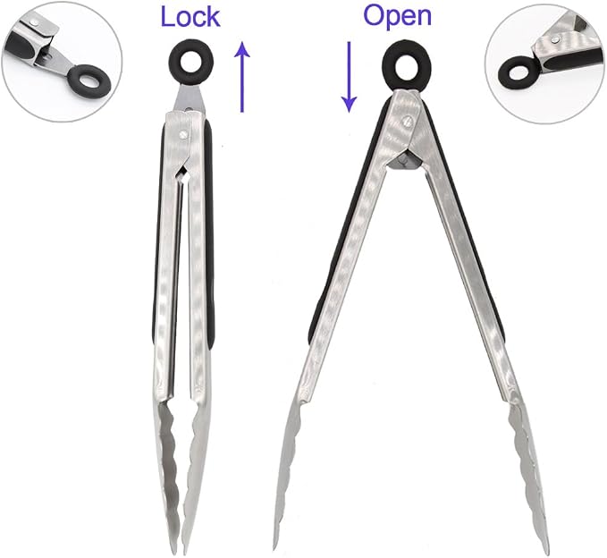 304 Stainless Steel Kitchen Cooking Tongs, 9" and 12" Set of 2 Sturdy Grilling Barbeque Brushed Locking Food Tongs with Ergonomic Grip, Black