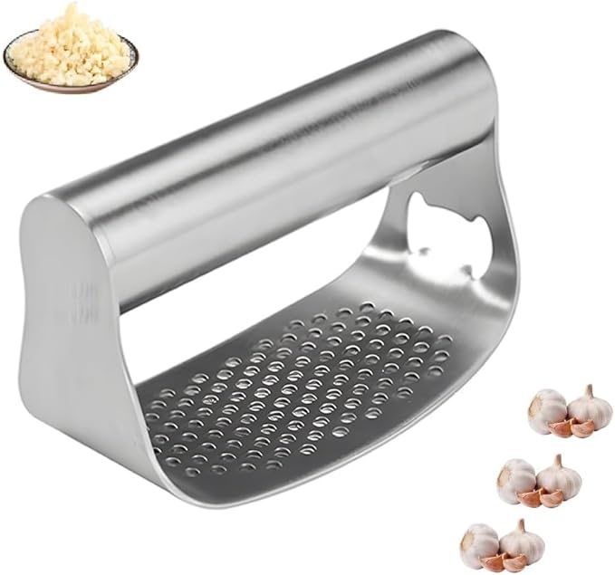 Garlic Press Rocker,Stainless Steel Garlic Presser,Crusher and Chopper,Kitchen Garlic Mincer Tool with Peeler & Cleaning Brush,For Extract Garlic Paste (1PC)
