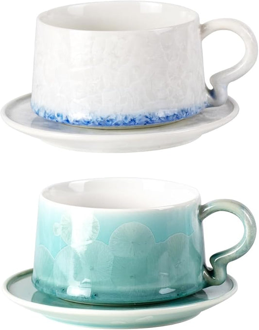 KAMMAK Tea Cups and Saucers Set of 2, Porcelain Coffee Cups, 7.5oz Crystalline Glaze Espresso Mugs, Ceramic Demitasse for Coffee, Cappuccino, Latte, Americano, Tea (Light green + Light blue)