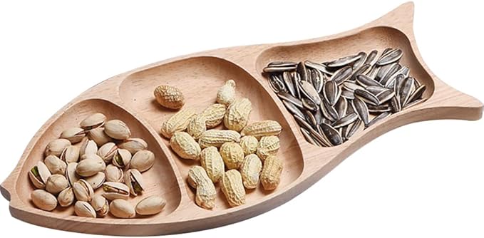 WAYUTO Serving Plate Wooden Divided Serving Tray Decorative Compartment Appetizer Tray Fish Shape Snack Fruit Dried Fruit Storage Plate with 3 Sections Breakfast Table Kitchen Decor Rubber Wood