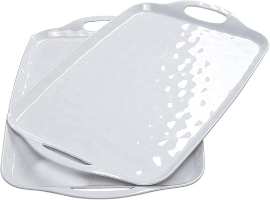 TP Serving Trays with Handles, 17 x 12 Inch Melamine Serving Platters for Food, Meat, Set of 2 Rectangular Trays for Eating, Pure White