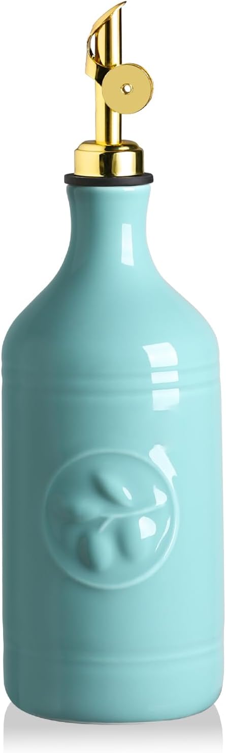 Sweejar 16 Oz Ceramic Olive Oil Dispenser Bottle, Oil Dispenser for Kitchen with Gravity Spout, Relief Opaque Vinegar Container for Evoo, Soy Sauce, 1 Pack(Turquoise, Gold Spout)