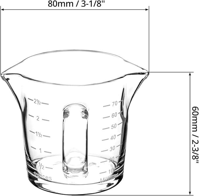 QWORK Espresso Shot Glass with Handle, 2 Pack 3-Ounce Double Spout Glass Measuring Cup Triple Pitcher Milk Cup with Two Scales (OZ&ML)