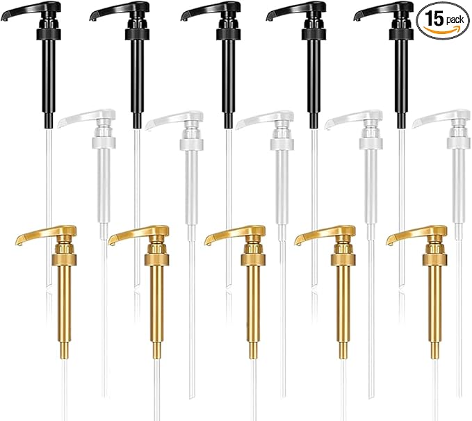 15pcs Syrup Pumps,Coffee Syrup Pump Dispenser Fits 750ml-25.4 oz Bottles,Replacement Syrup Bottle Pump Dispenser for Flavorings Creamer (Gold White Black)
