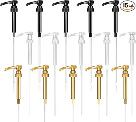 15pcs Syrup Pumps,Coffee Syrup Pump Dispenser Fits 750ml-25.4 oz Bottles,Replacement Syrup Bottle Pump Dispenser for Flavorings Creamer (Gold White Black)