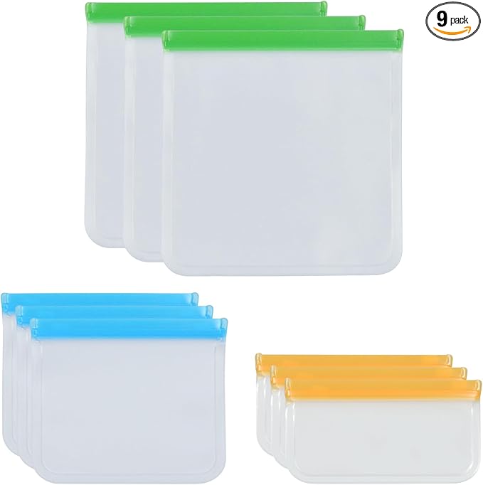 9 Pack Reusable Storage Bags, Thick Leakproof Freezer Bags, Food Storage Containers for Meat, Veggies, Sandwiches, Snacks, Travel, and Home Use (9Pcs-3 Small + 3 Medium + 3 Large)