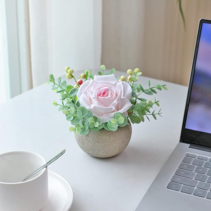 Small Artificial Light Pink Rose Potted Plant, 6" Fake Silk Flowers in 3.5" Round Pot, Mini Faux Floral Arrangement for Desk Shelf Bathroom Decor