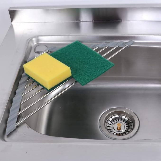 Over the Sink Dish Drying Rack Roll Up and Triangle for Kitchen Corner Drainer Mat Foldable Stainless Steel (Triangle), Silver