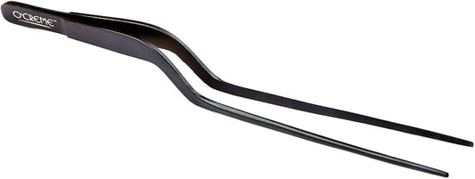 O'Creme 8 Inch Black Stainless Steel Precision Kitchen Culinary Offset Tweezer Tongs