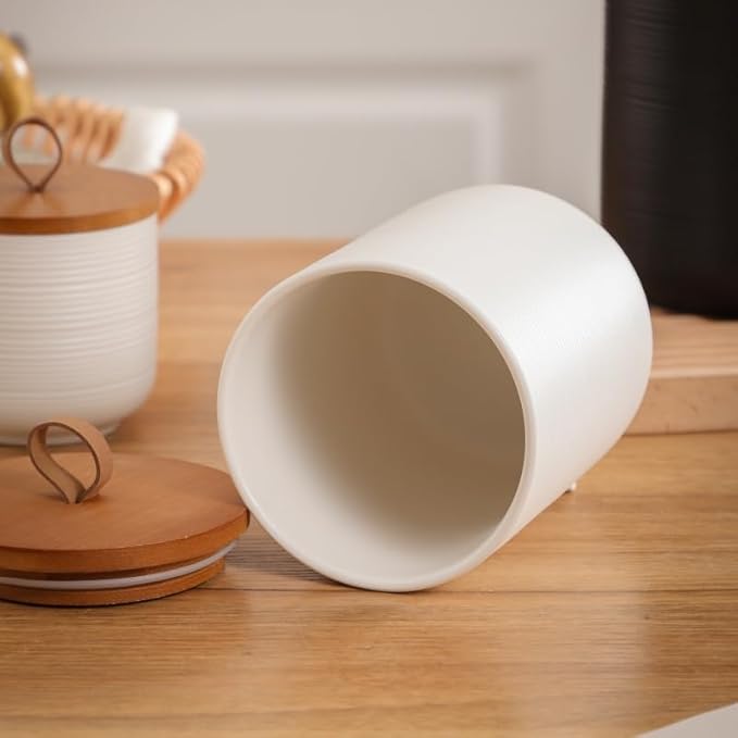 Food Storage Jar Strong Ceramic Storage Canisters with Airtight Wooden Lid,Kitchen Storage Containers for Serving Coffee Beans, Tea, Sugar, Salt, Spices (White three-piece suit)