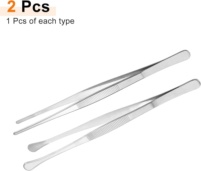 HARFINGTON 2pcs 10 Inch Fine Tweezer Tongs Extra-Long Stainless Steel Non-Slip Kitchen Cooking Tweezers Tongs with Round Tip for Repairing Roasting Barbecue Baking