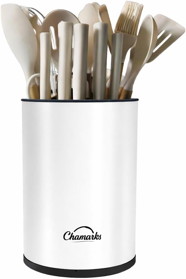 3-in-1 Kitchen Utensil Holder for Countertop with Knife Block and Silverware Caddy. (White)
