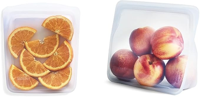 Stasher Reusable Silicone Storage Bags, Food Storage Containers, Microwave and Dishwasher Safe, Leak-free, Quart & Stand-Up Mid, Clear